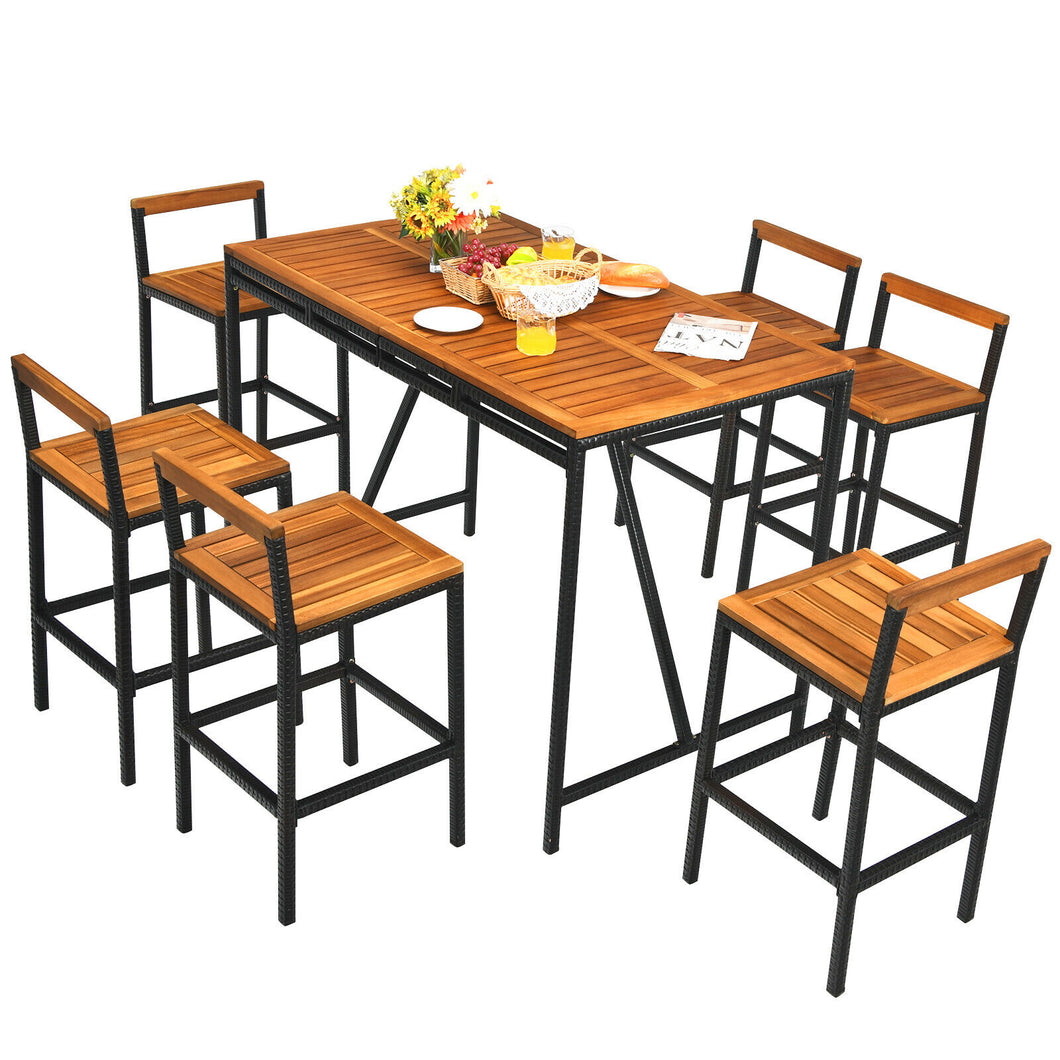 7PCS Patio Rattan Bar Set Acacia Wood Frame Stools Table Umbrella Hole - gardenstarshop