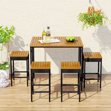 5-Piece Outdoor Patio Wicker Bar Set Foldable Tabletop with 4 Stools - gardenstarshop